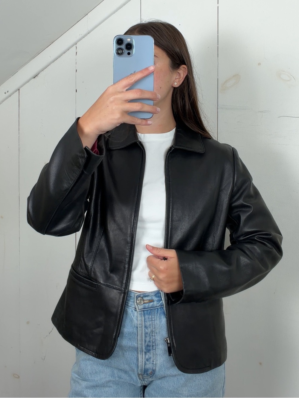 Vintage Black Genuine Leather Short Full Zip Jacket Womens Medium Ann Taylor Y2K